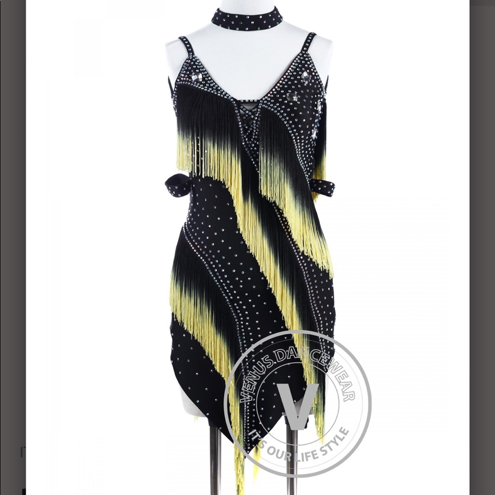 Venus Dancewear black and yellow fringe dress